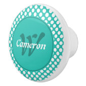 Moderne naam initiaal turquoise witte polka stippe keramische knop (Rechts)