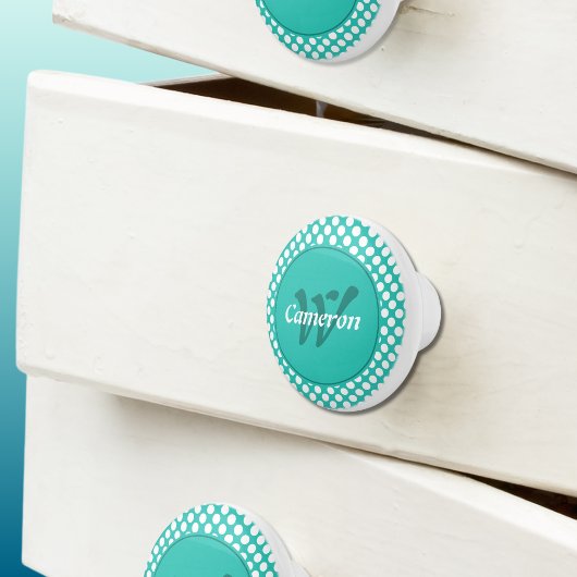 Moderne naam initiaal turquoise witte polka stippe keramische knop