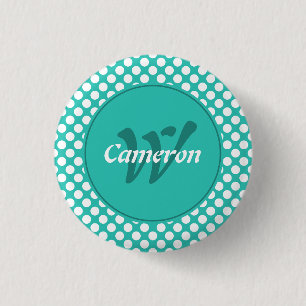 Moderne naam initiaal turquoise witte polka stippe ronde button 3,2 cm