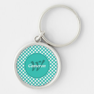 Moderne naam initiaal turquoise witte polka stippe sleutelhanger