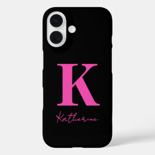 Moderne Naam Initiaal Zwart Roze Personaliseerbaar iPhone 16 Hoesje
