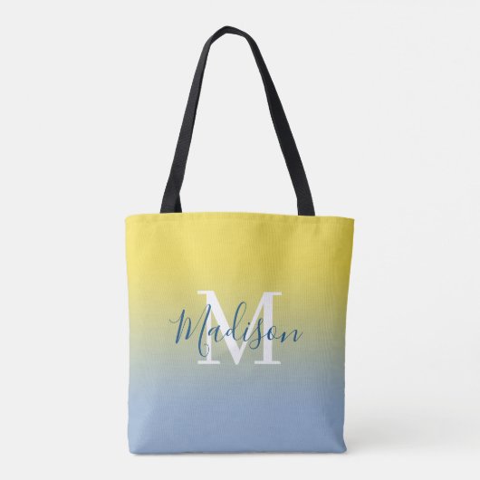 Moderne naam Monogram Geel tot Licht Blauw Gradiën Tote Bag (Achterkant)