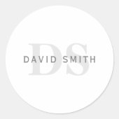 Moderne naam & Monogram | Wit, licht & donkergrijs Ronde Sticker (Voorkant)