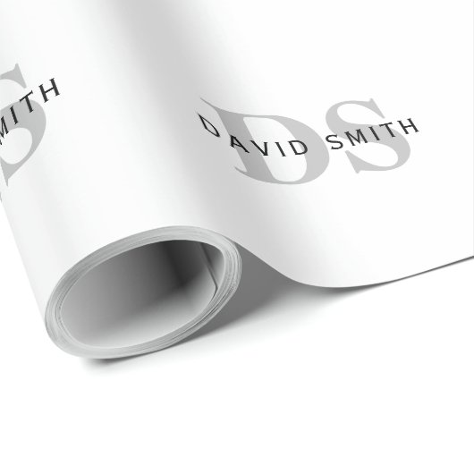 Moderne naam & monogram | Wit Zwart & Grijs Cadeaupapier (Rol Hoek)