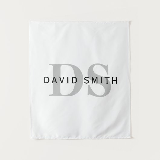 Moderne naam & Monogram | Wit Zwart & Grijs Wandkleed (Voorkant)