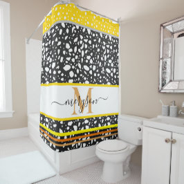 Moderne naam & Monogrammed Zwart Wit Goud Douchegordijn