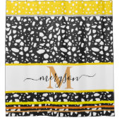 Moderne naam & Monogrammed Zwart Wit Goud Douchegordijn (Voorkant)