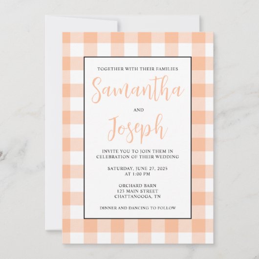 Moderne naam Peach Gingham Country Wedding Kaart (Voorkant)