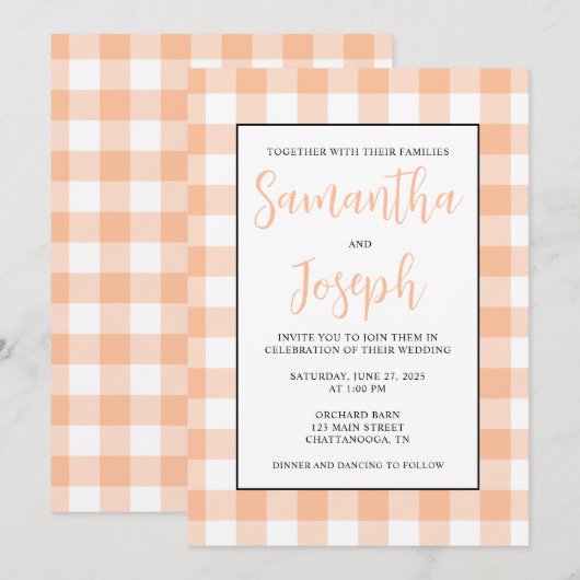 Moderne naam Peach Gingham Country Wedding Kaart (Voorkant / Achterkant)
