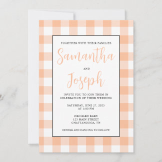 Moderne naam Peach Gingham Country Wedding Kaart
