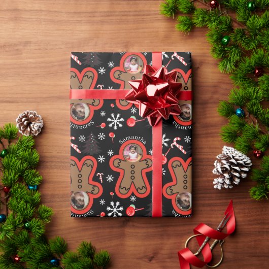 Moderne Naam Twee foto Kerstmis Gingerbread Man Cadeaupapier (Feestdagen Geschenken)
