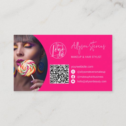 Moderne naam vet roze script make-up haar logo qr visitekaartje (Achterkant)