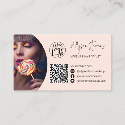 Moderne naam vet script make-up hair logo qr roze visitekaartje (Achterkant)