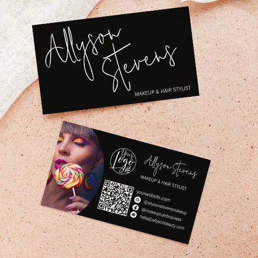 Moderne naam vet script make-up logo qr zwart visitekaartje