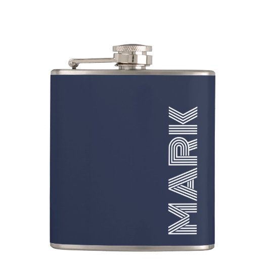 Moderne naammonogram donkerblauw witte strepen heupfles (Voorkant)