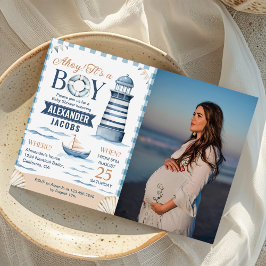 Moderne Naamse Blauwe Baby Shower Foto voor Jongen Kaart