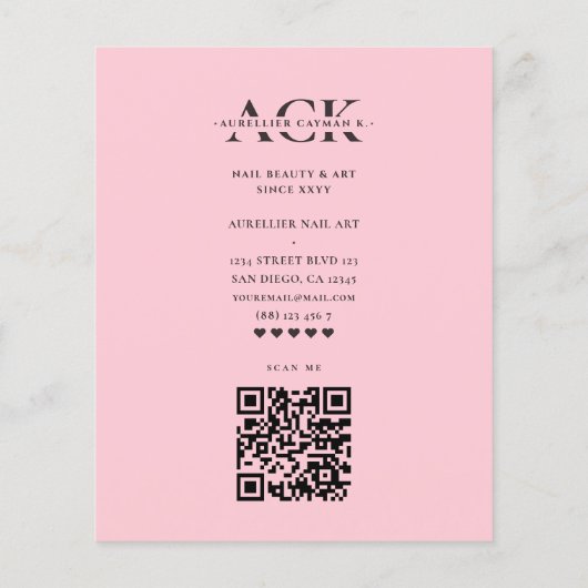 Moderne Nail Artist Nail Tech Roze Pastel Monogram Flyer (Achterkant)