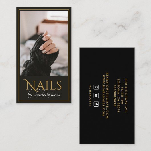 Moderne Nail Technician Nail Photo Zwart Goud Visitekaartje (Voorkant / Achterkant)