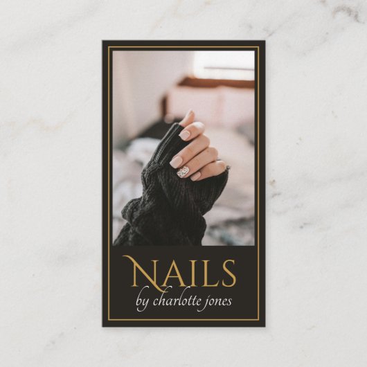 Moderne Nail Technician Nail Photo Zwart Goud Visitekaartje (Voorkant)