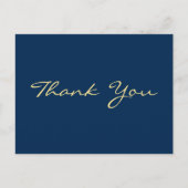 Moderne namaak gouden script blauwe afstudeer dank briefkaart (Voorkant)