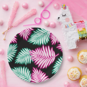Moderne namaak neon roze groene tropische bladeren papieren bordje