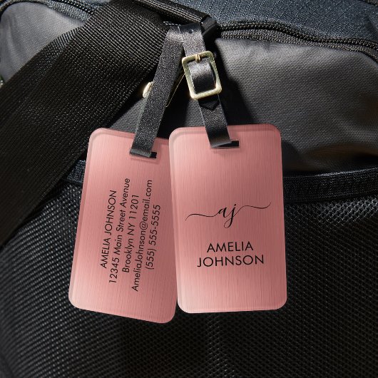 Moderne namaak roze gouden script monogram, gepers bagagelabel