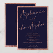 Moderne namen kalligrafie roos goudblauwe bruiloft kaart (Voorkant / Achterkant)