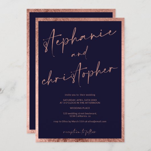 Moderne namen kalligrafie roos goudblauwe bruiloft kaart (Voorkant / Achterkant)
