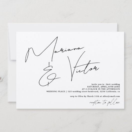 Moderne namen script calligraphy chic bruiloft kaart (Voorkant)