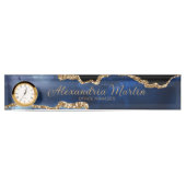 Moderne nasie Blue Gold Glitter Script Font Clock Naambordje (Voorkant)