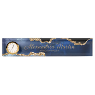Moderne nasie Blue Gold Glitter Script Font Clock Naambordje