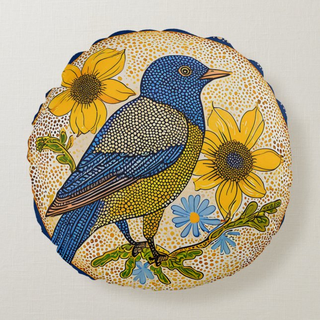 Moderne natuur vogel met gebloemd patroon stijl  rond kussen (Voorkant)