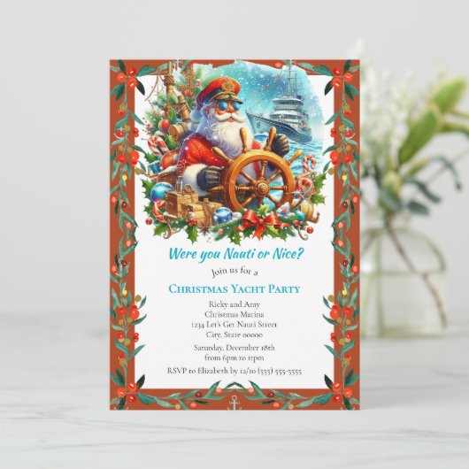 Moderne Nauti of Nice Santa Christmas Yacht Party Kaart (Staand voorkant)