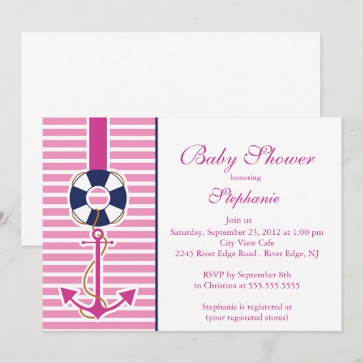 Moderne Nautical Anchor Baby shower Invitation Kaart (Voorkant / Achterkant)