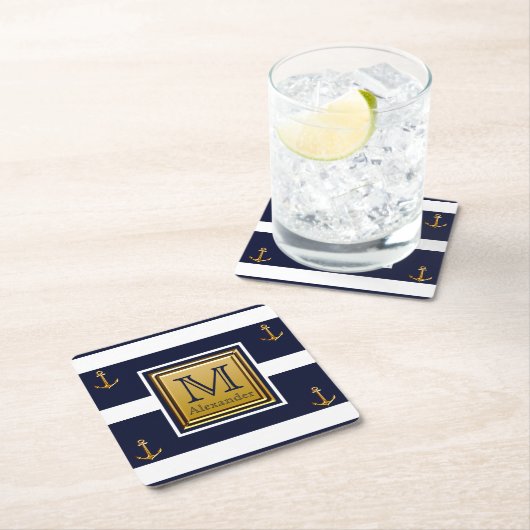 Moderne Nautical Anchor Blue White Gold Monogram Kartonnen Onderzetters (Insitu)
