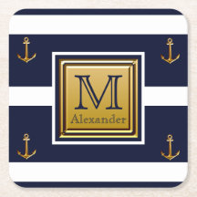 Moderne Nautical Anchor Blue White Gold Monogram