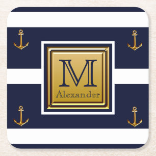 Moderne Nautical Anchor Blue White Gold Monogram Kartonnen Onderzetters