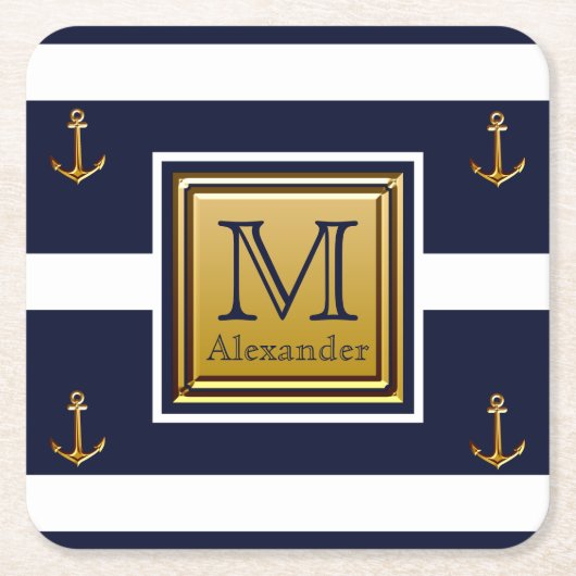 Moderne Nautical Anchor Blue White Gold Monogram Kartonnen Onderzetters (Voorkant)