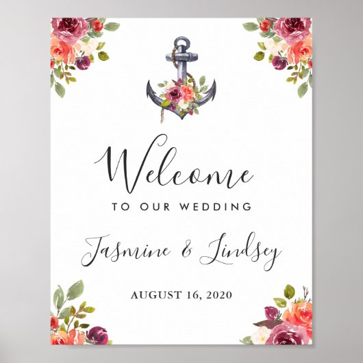 Moderne Nautical Anchor Floral Wedding Welcome Sig Poster (Voorkant)