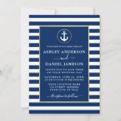 Moderne Nautical Anchor Gold Blue Stripes Wedding Kaart (Voorkant)