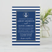 Moderne Nautical Anchor Gold Blue Stripes Wedding Kaart (Staand voorkant)