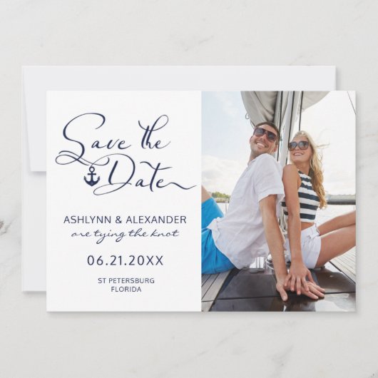 Moderne Nautical Anchor Photo Script Typografie Save The Date (Voorkant)