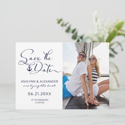 Moderne Nautical Anchor Photo Script Typografie Save The Date (Staand voorkant)