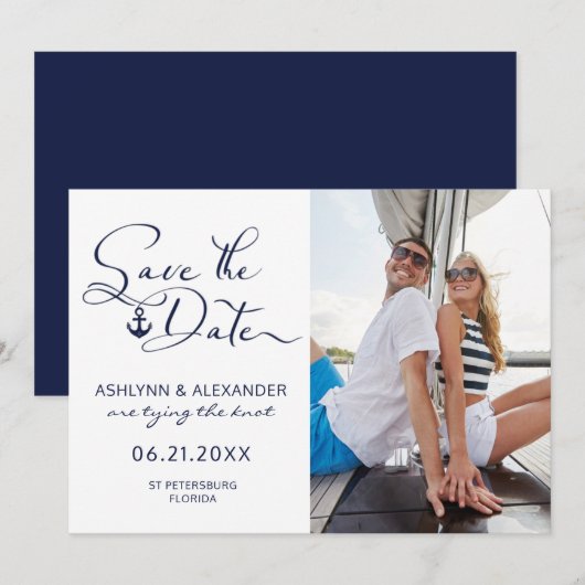 Moderne Nautical Anchor Photo Script Typografie Save The Date (Voorkant / Achterkant)