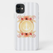 Moderne Nautical Anchor Waterverf Floral Striped Case-Mate iPhone Case (Achterkant)