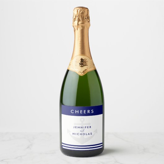 Moderne Nautical Anchor Wedding Sparkling Wijnetiket (Voorkant)