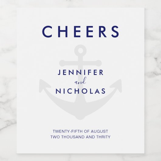 Moderne Nautical Anchor Wedding Wijn Etiket (Enkel label)