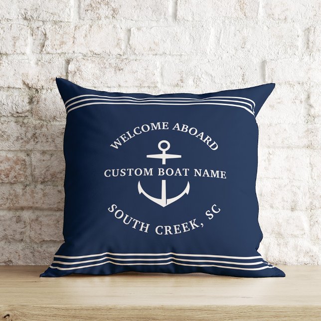 Moderne Nautical Custom Boat Name Anchor Welkom Kussen (Welcome aboard! )