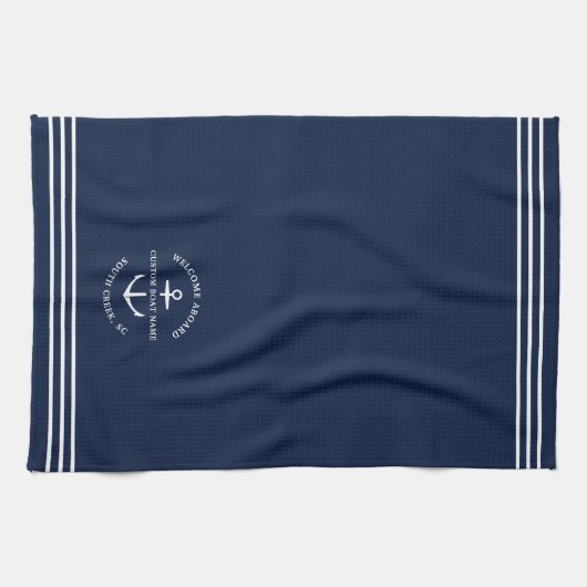 Moderne Nautical Custom Boat Name Anchor Welkom Theedoek (Horizontaal)