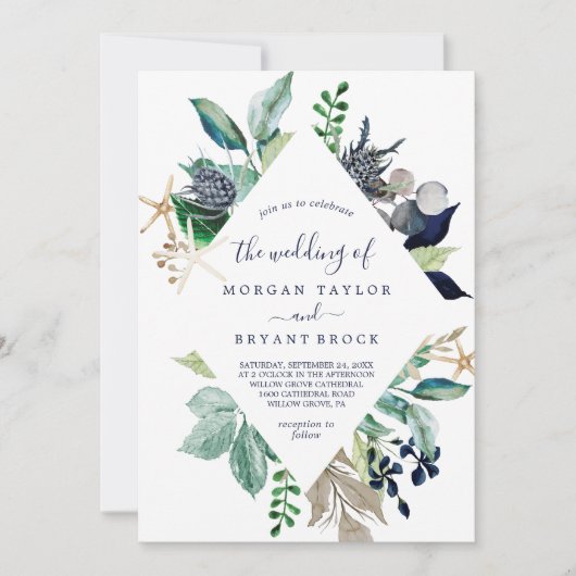 Moderne Nautical Greenery Diamond All in 1 bruilof Kaart (Voorkant)